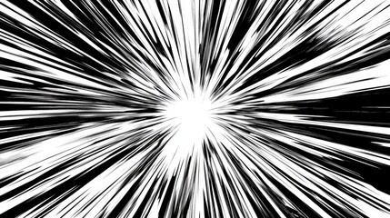Comic book radial lines background. Black and white rays. Manga explosion with speed lines.