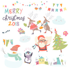 Vector set of Christmas characters and icons. Santa, christmas tree,snowmanand deers