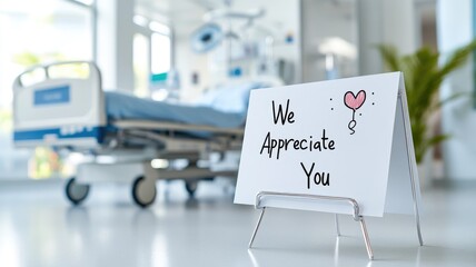Hospital room with "We Appreciate You" card, heart illustration