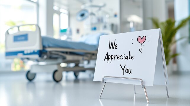Hospital room with "We Appreciate You" card, heart illustration