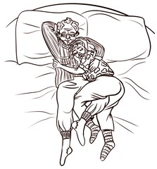 Sketch illustration of old couple lying on the bed and watching TV, people in this asset are not based on a recognizable person 
