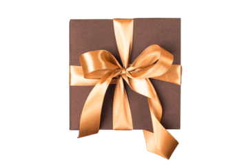 Elegant brown gift box with shiny gold ribbon and bow isolated on black background