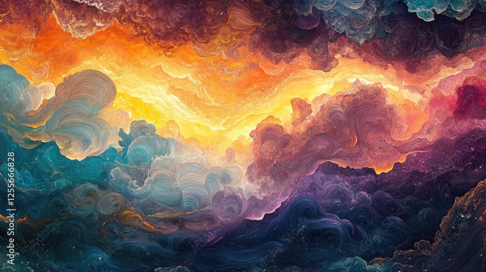 Poster Vibrant, colorful paint swirling and splashing in water, creating a stunning display of colorful clouds and gradients in fluid motion