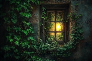 Warm light glows through a green window