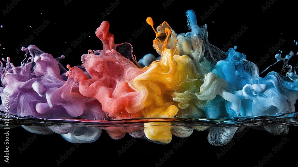 Poster vibrant paint splashing and swirling in water, blending together in vivid clouds of color and flowin