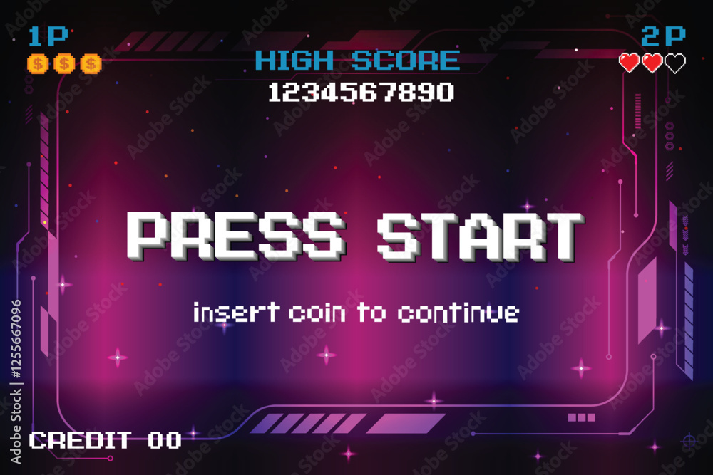 Poster press start. insert a coin to continue. pixel art. 8 bit game. retro game. for game assets. retro fu