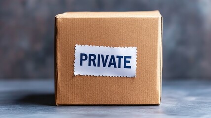 Brown cardboard box with "PRIVATE" label, focus on privacy
