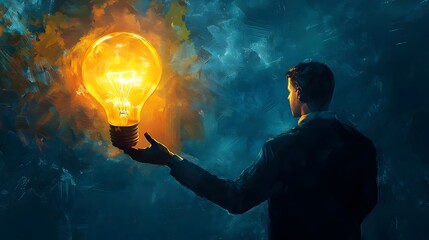 A man holding a glowing yellow-orange electric lamp that lights up a dark blue background.
Concept for Energy, warmth and business innovation.