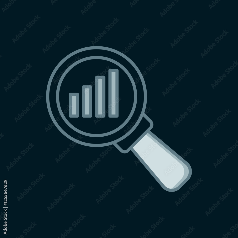Aufkleber line magnifying glass and data analysis icon isolated on black background. flat filled outline style