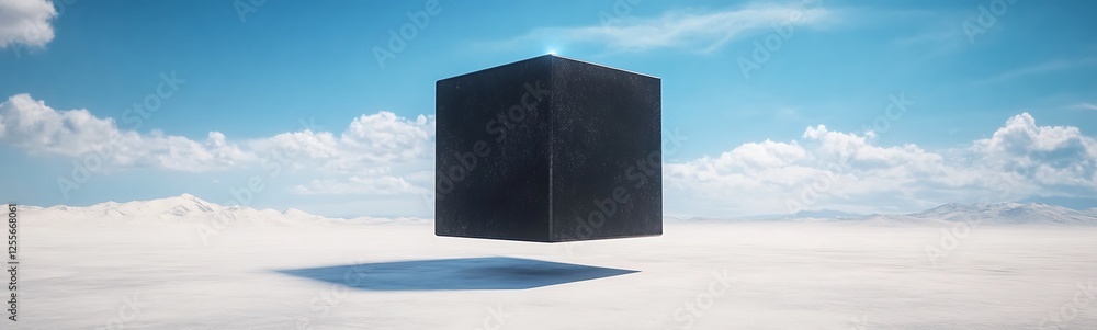 Aufkleber a mysterious black cube hovers above a sandy surface under a bright blue sky, surrounded by soft clo