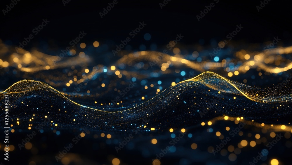 Poster abstract golden and blue particle waves flowing dynamically in dark space, creating a stunning visua