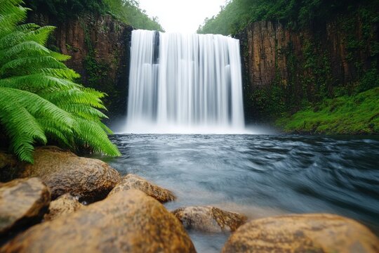 Majestic waterfall cascading into a serene pool, surrounded by lush greenery and rugged rocks, inviting tranquility and nature's beauty.