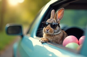 rabbit wearing sunglasses in a car with easter eggs
