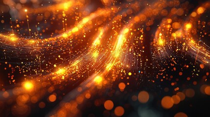Abstract swirling design of warm golden sparks, glittery particles, and bokeh, on a dark background, evoking a fiery or energetic atmosphere.