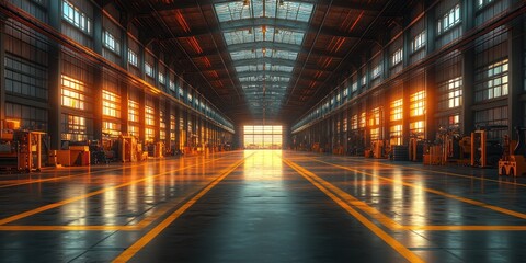 Obraz premium Sunset in Industrial Warehouse: A Stunning Display of Light and Shadow