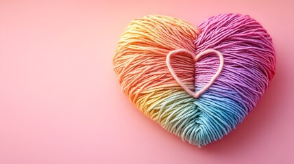 Flat lay of a heart shape made with colorful yarn on a pink background for valentines day decoration