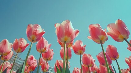 Pink Tulips against a Sunny Blue Sky: Celebrating Spring's Arrival
