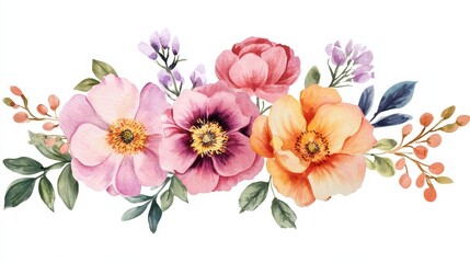 Beautiful floral bouquet of colorful flowers watercolor set