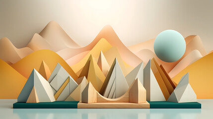 Fototapeta premium Abstract mountain landscape, geometric shapes, minimal design, serene scene, website banner