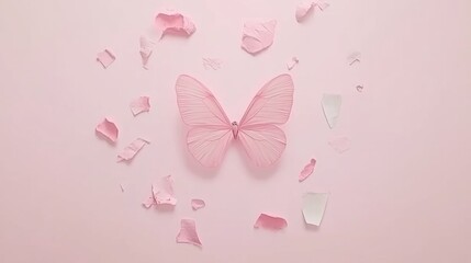 Delicate Pink Butterfly Surrounded by Torn Paper Pieces Against a Soft Pink Background