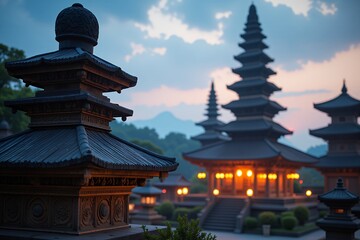 Serene Sunset at Indonesian Temple Complex Ancient Pagoda Architecture and Tranquil Atmosphere