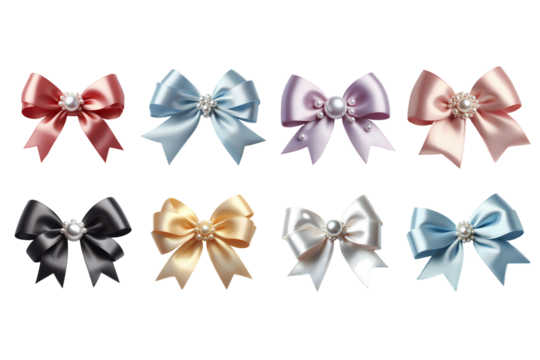 Set of different colors satin bow with pearls decor isolated on a white. Generative AI