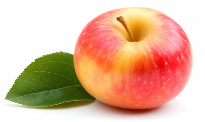 Juicy red and yellow apple with green leaf, isolated on white background. Perfect for healthy eating, food blogs, and fresh produce advertising.