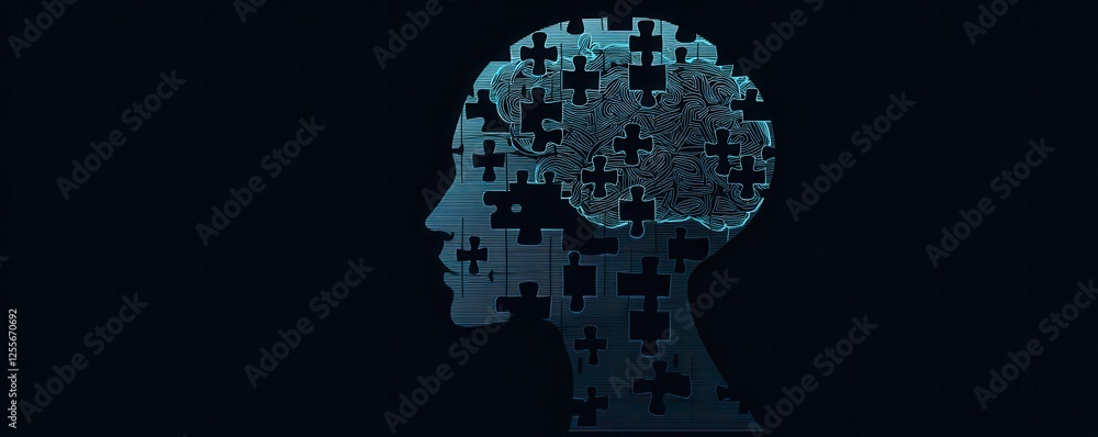 Poster a silhouette of a head with a puzzle-like brain, symbolizing complexity and the search for understan