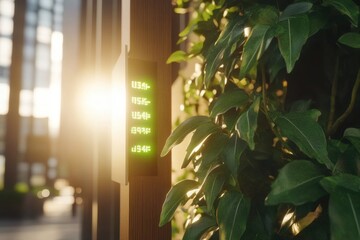 Obraz premium Digital Temperature Display with Lush Greenery Backlit by Sunlight in a Modern Interior