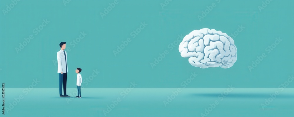 Poster a doctor and a child observe a floating brain, symbolizing knowledge, learning, and the connection b