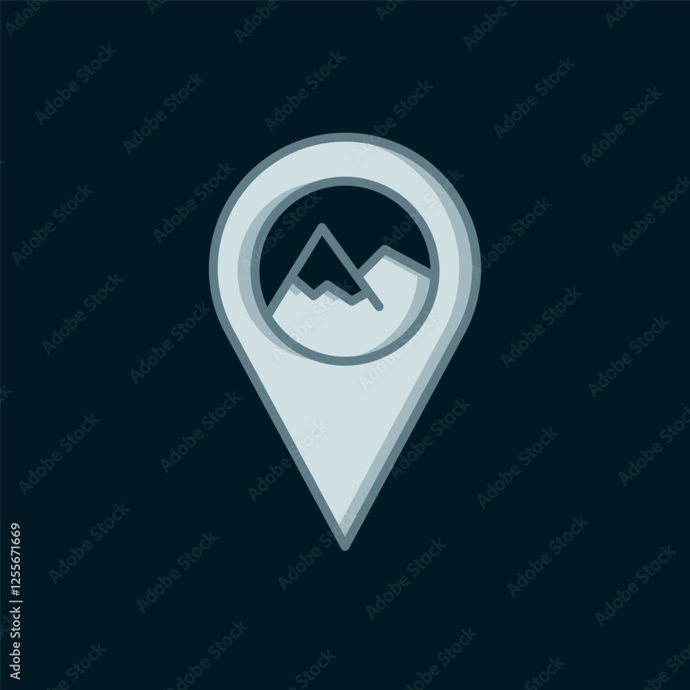 Poster line map pointer with mountain icon isolated on black background. mountains travel icon. flat filled