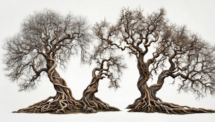 Majestic Leafless Trees with Gnarled Branches Creating a Hauntingly Beautiful Scene