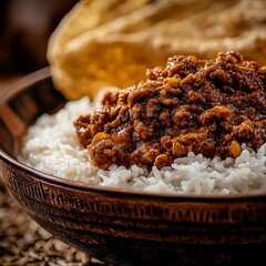 Close-up of a rice bowl with Ethiopian doro wat and injera. Featuring a spicy and rich dish. Highlighting the texture and flavors of the doro wat. Ideal for food and cultural themes.