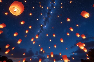 Obraz premium Hundreds of Sky Lanterns Ascending at Night under a Starry Sky