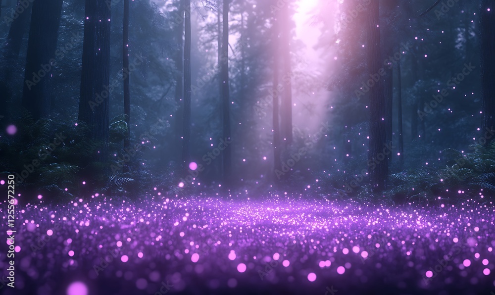 Aufkleber a mystical forest scene with glowing purple particles illuminating the ground under a soft beam of l