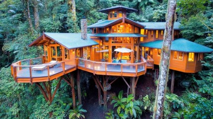 Obraz premium Expansive Treehouse Surrounded by Lush Green Forest in a Peaceful Natural Setting
