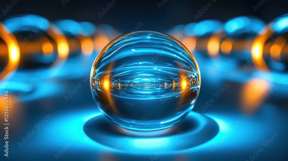Aufkleber a luminous transparent sphere, centered in a field of blurred, glowing orbs, bathed in blue and warm