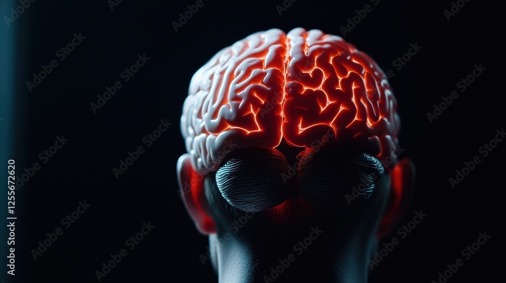 Poster a stylized representation of a human brain highlighted in red, placed on a mannequin head, creating 