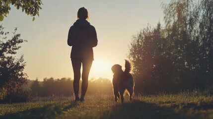 Woman and dog enjoying a sunset walk in nature, silhouettes against golden light