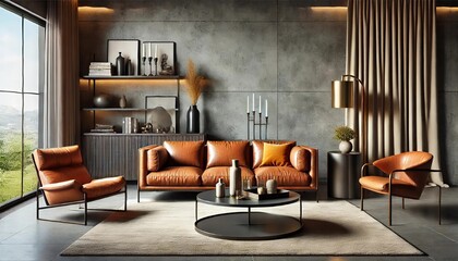 A stylish modern living room featuring cognac-colored leather sofas, a textured concrete wall, and elegant decor elements creating a cozy and sophisticated atmosphere