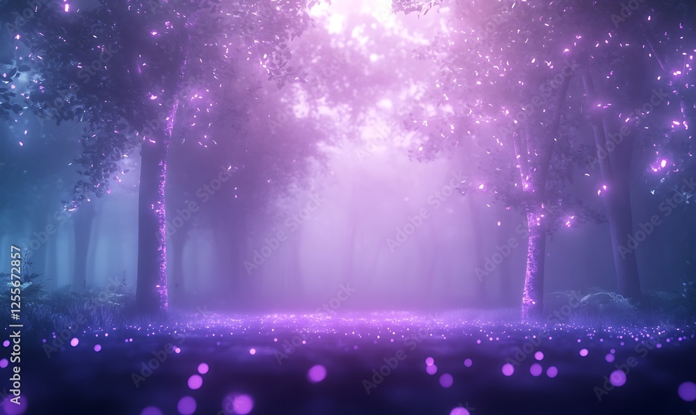 Leinwandbilder a mystical forest scene illuminated by soft purple lights, featuring trees shrouded in mist, creatin