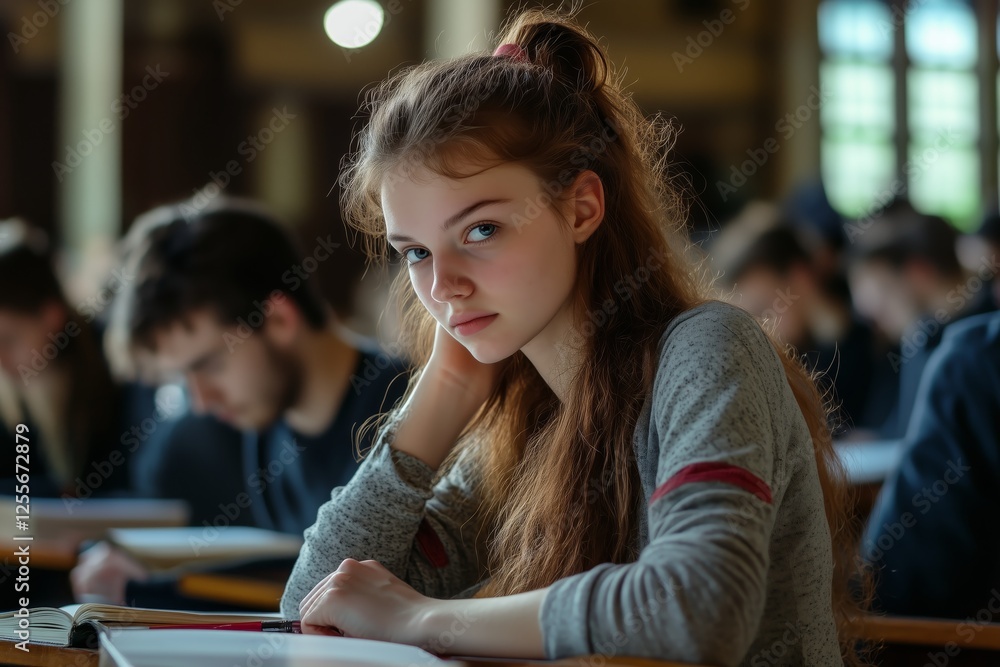 Poster university students taking an exam in the lecture hall