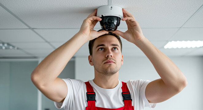 Security camera installation by technician in modern office space