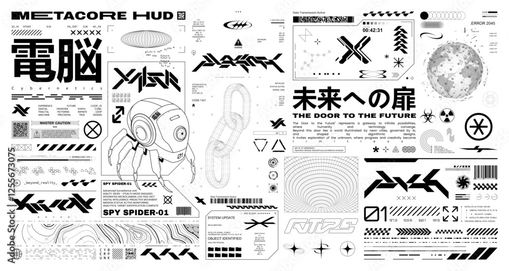 Poster futuristic typeface, hud interface, 3d wireframe shapes, digital lettering. sci-fi cyberpunk graphic