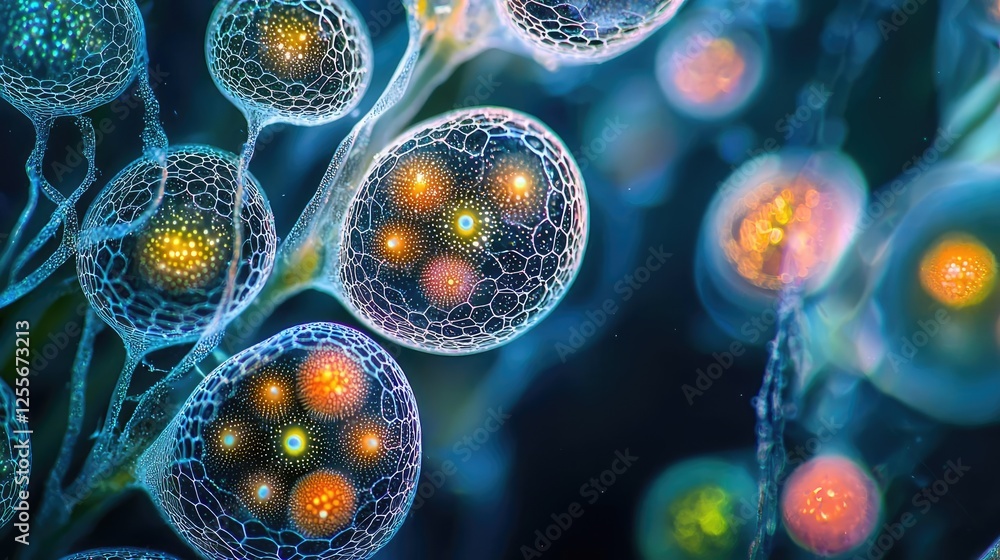 Poster Marine life microscopic idea. Close-up view of vibrant cells showcasing intricate structures and glowing patterns.