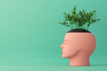 A stylized head with a plant growing from its top, symbolizing creativity, growth, and the connection between nature and the mind.