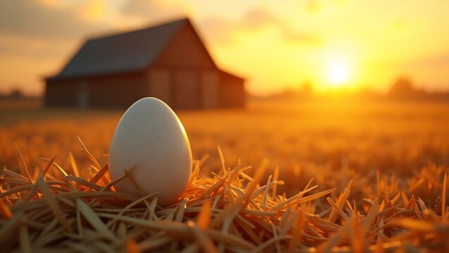 Photorealistic egg, golden sunset, farm field, straw, hay, rustic barn in background