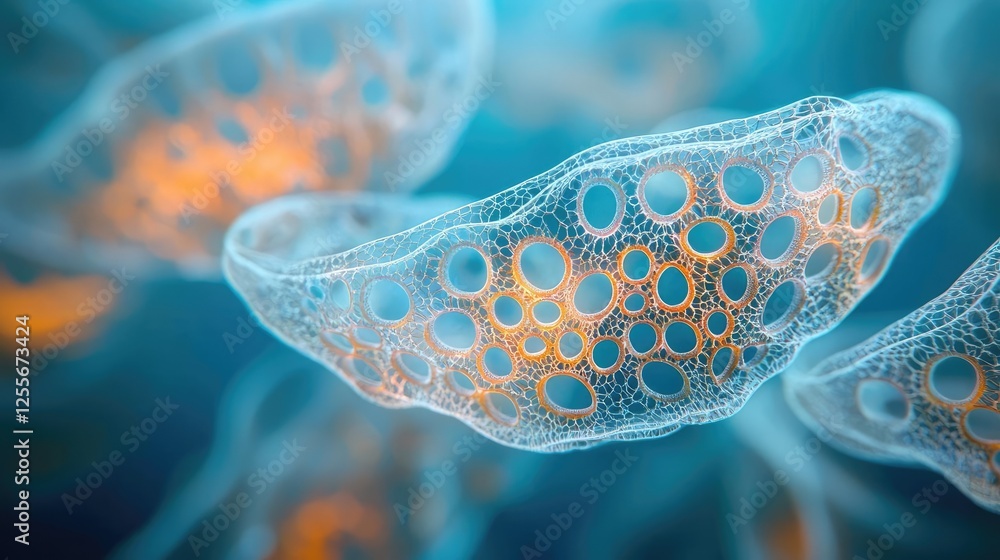 Poster Marine life microscopic idea. Intricate microscopic view of unique cellular structures in vibrant colors.