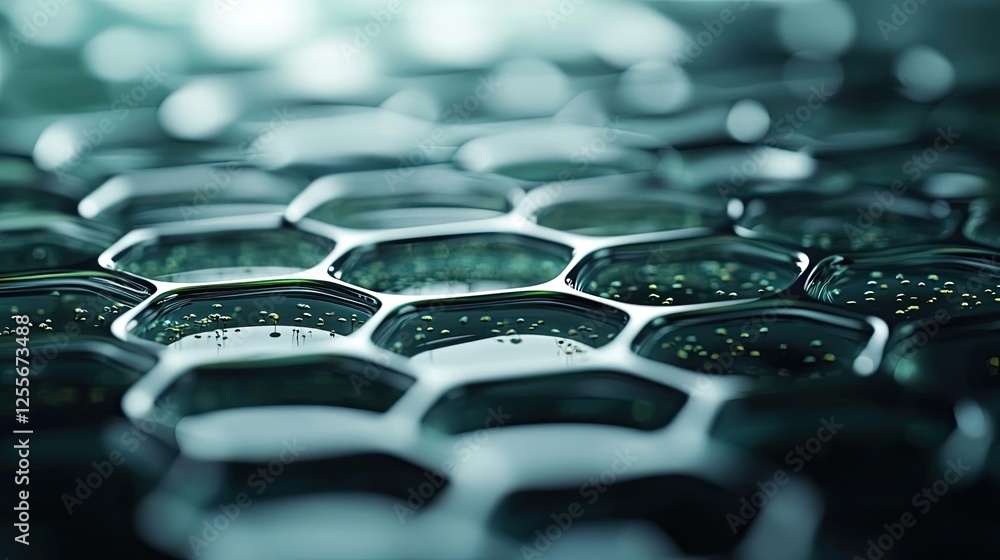 Poster Marine life microscopic idea. Close-up view of hexagonal patterns with a shiny surface and water droplets.