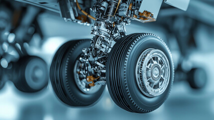 Airplane gear system. Close up of airplane landing gear showcasing intricate mechanical details